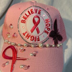 Custom Pink Breast Cancer Awareness Ribbon Baseball Cap with Pearls